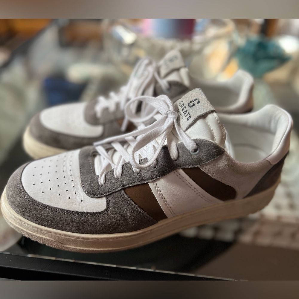 Greats men's St. James low, all leather, white, gray, brown. Size 12.